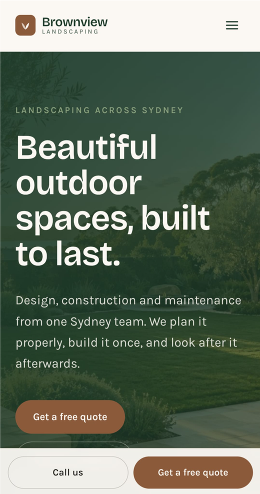 Mobile view of the Brownview Landscaping website