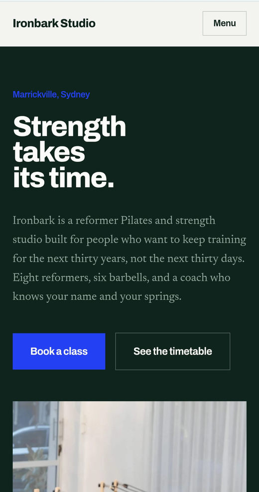 Mobile view of the Ironbark Studio website