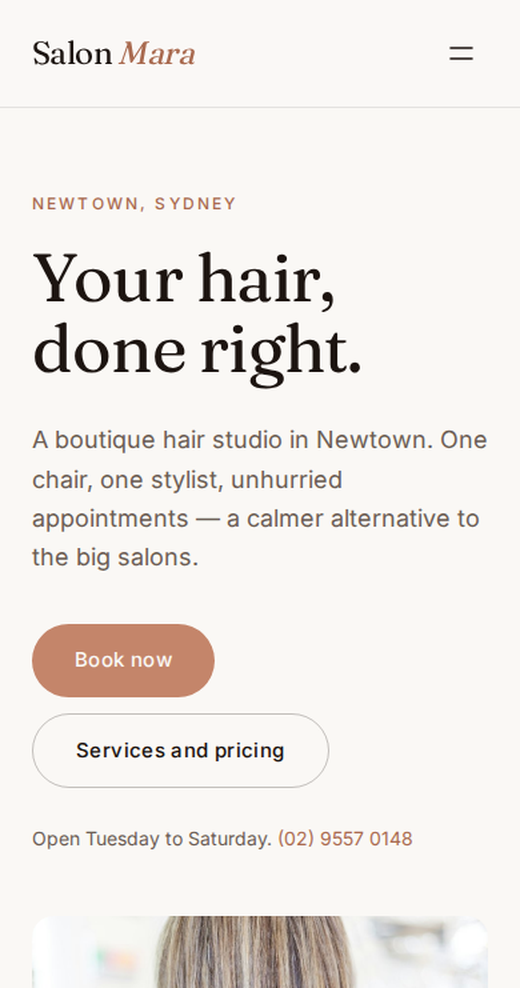 Mobile view of the Salon Mara website